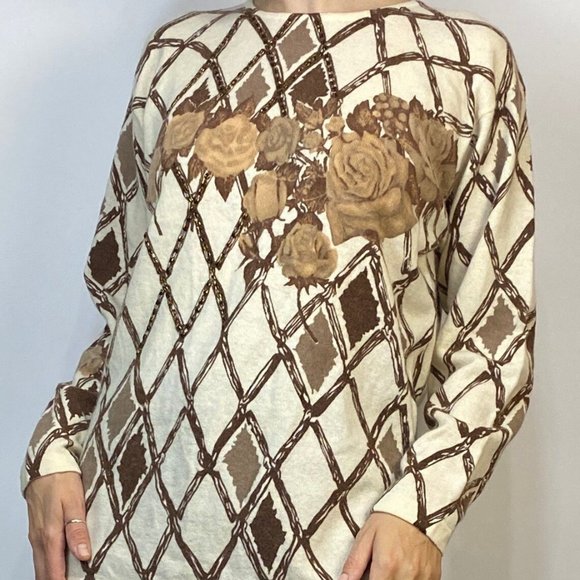 Vintage 80s Wool & ANGORA Sweater with ROSE and Check Pattern! Medium - Picture 6 of 6
